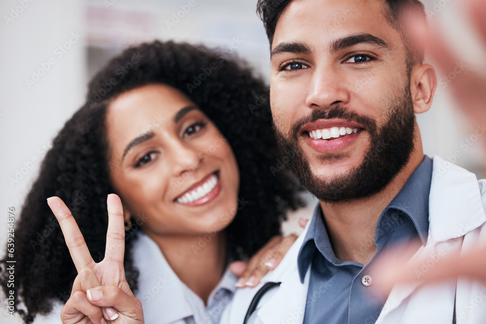 Pharmacy, peace sign and selfie portrait of people for social media, profile picture and website. He