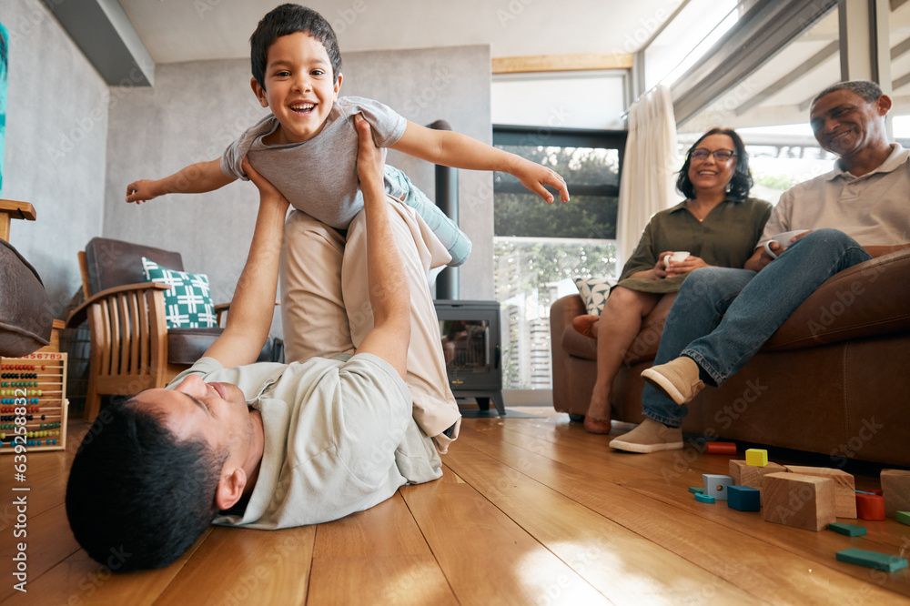 Airplane, portrait and boy child with father on a floor for playing, games and bond at home with gra