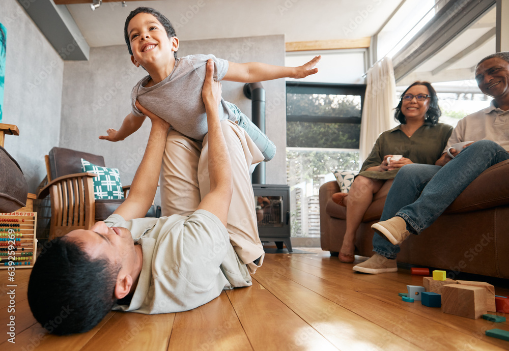 Airplane, love and boy child with father on a floor for playing, games and bond at home with grandpa