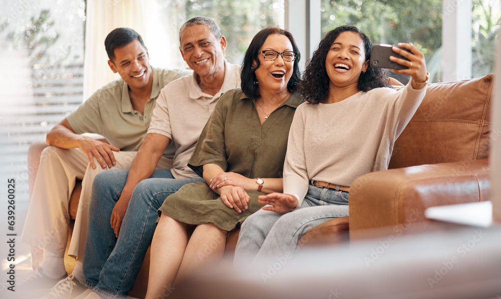 Happy family, sofa and selfie laughing in photography, memory or holiday weekend and bonding togethe