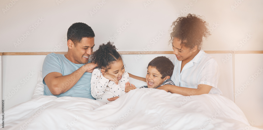 Happy, tickle and relax with family in bedroom for playful, morning and love. Care, support and wake