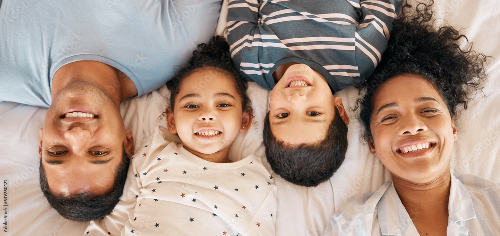 Happy, smile and portrait with family in bedroom for playful, morning and love. Care, support and wa