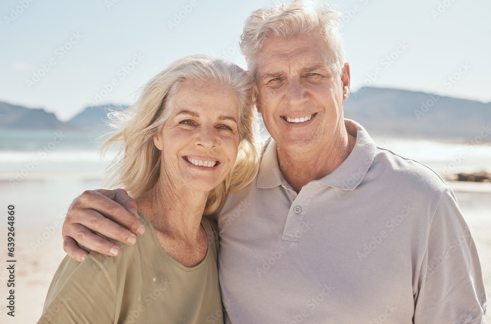 Beach, happy and portrait of senior couple on a romantic vacation, holiday or weekend trip. Smile, t