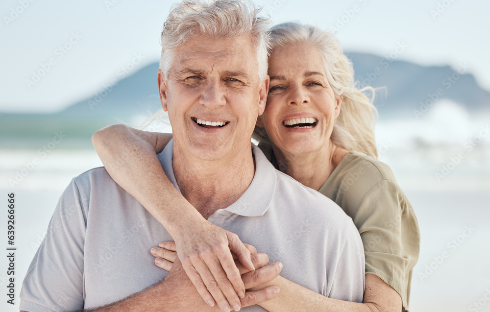 Hug, beach and portrait of senior couple on a romantic vacation, adventure or weekend trip. Happy, s