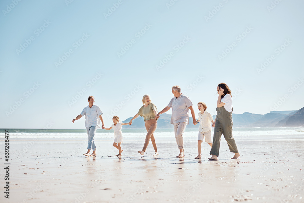 Travel, walking and big family holding hands at the beach on vacation, holiday or adventure together