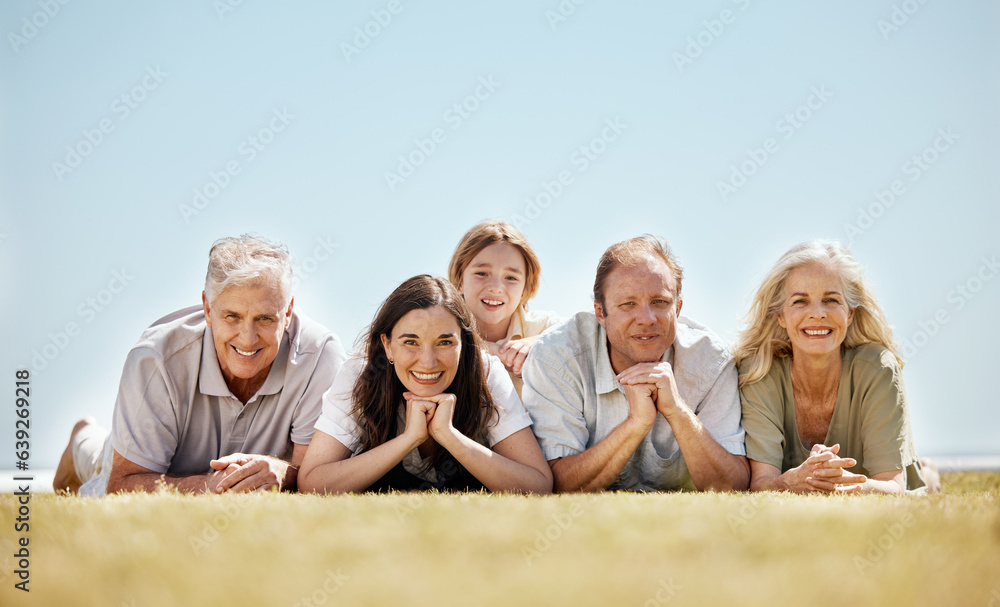 Family, generations and portrait, people outdoor on lawn with grandparents, parents and child. Happi