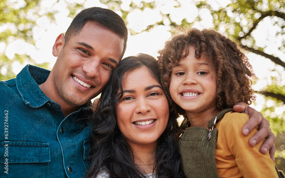 Nature, portrait and happy child, mother and father smile for outdoor wellness, bonding and connect 