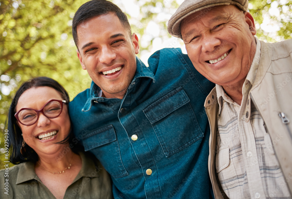 Nature portrait, mature parents and son smile for outdoor wellness, bonding and connect on Mexican h