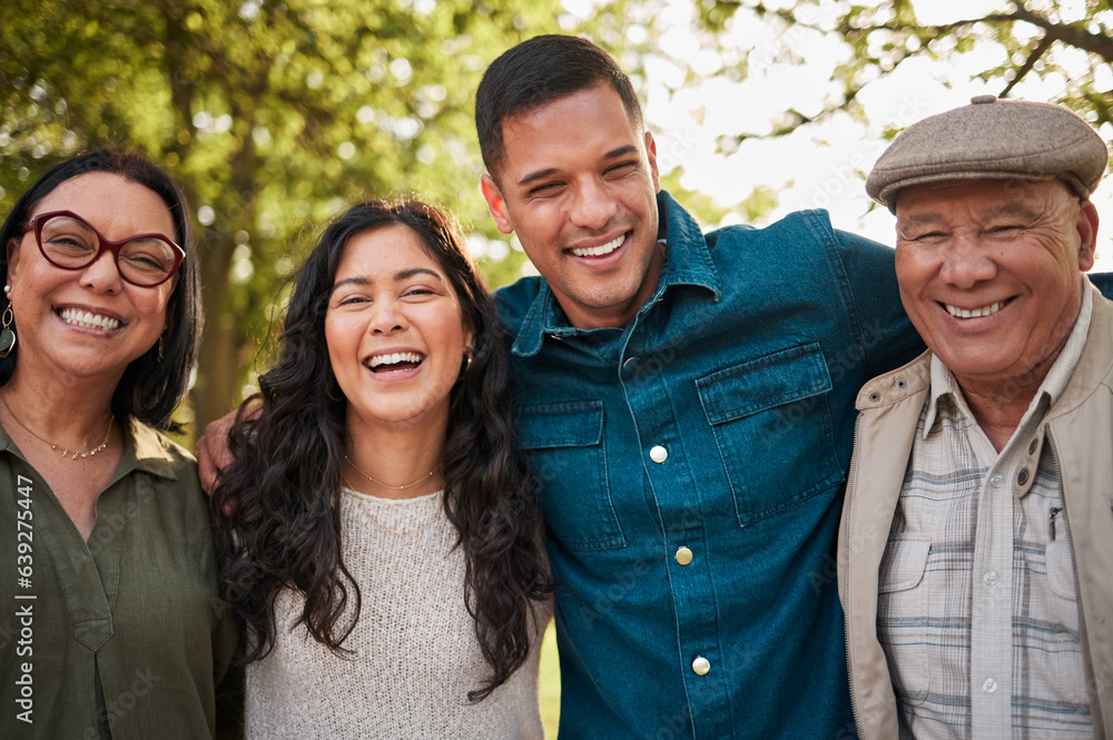 Portrait, mature parents and family laughing at funny comedy, nature humour or joke about park journ