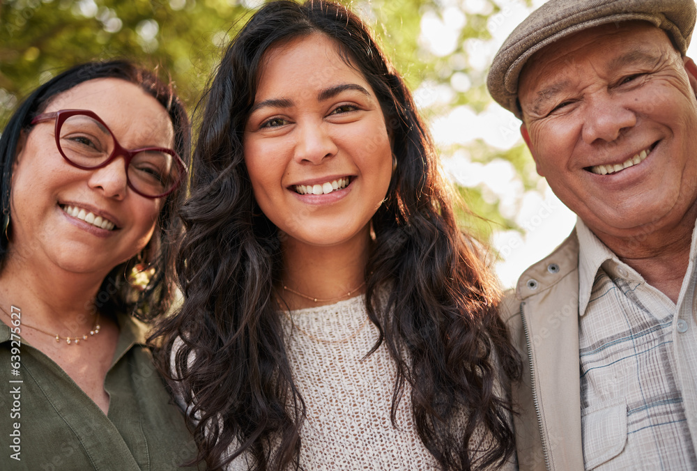 Nature portrait, mature parents and daughter smile for wellness garden, outdoor journey and connect 