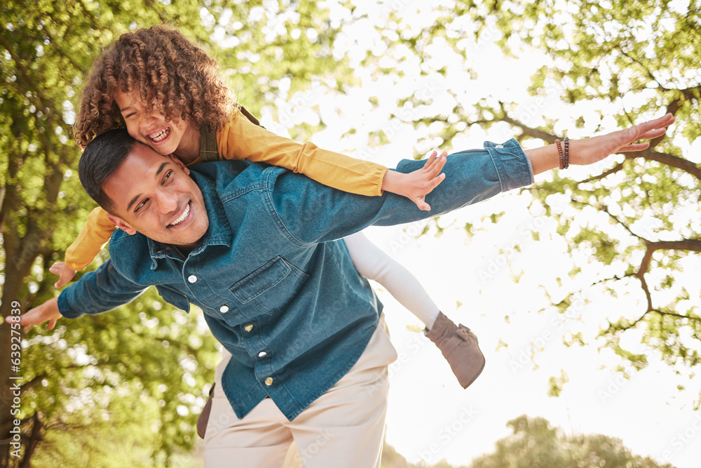 Nature, fly and happy child, father and piggyback ride for fun outdoor games, Fathers Day bonding an