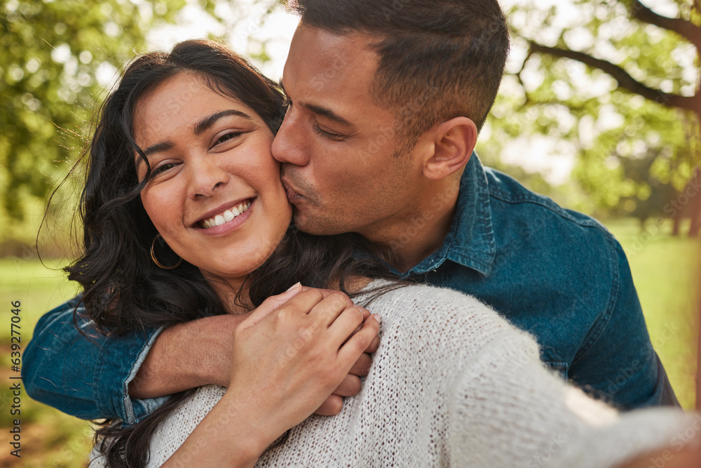 Nature portrait, selfie or couple kiss for romantic outdoor date, bonding and photography on love jo