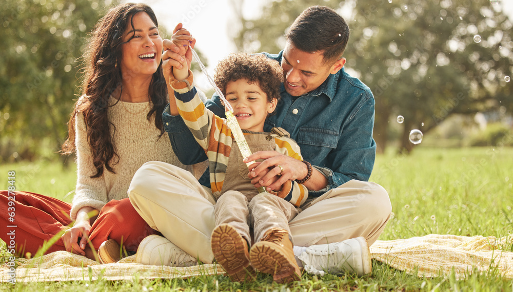 Outdoor, family and parents with bubbles, kid and happiness with summer break, excited and relax tog