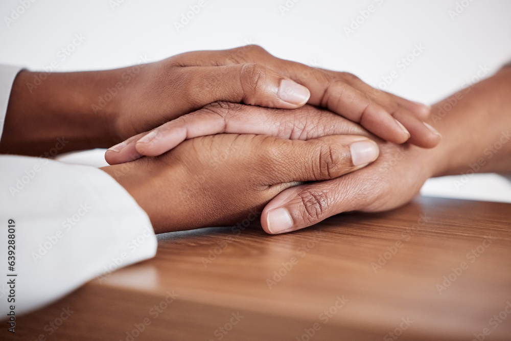 Healthcare, empathy and doctor holding hands with patient for support, compassion or trust. Sympathy