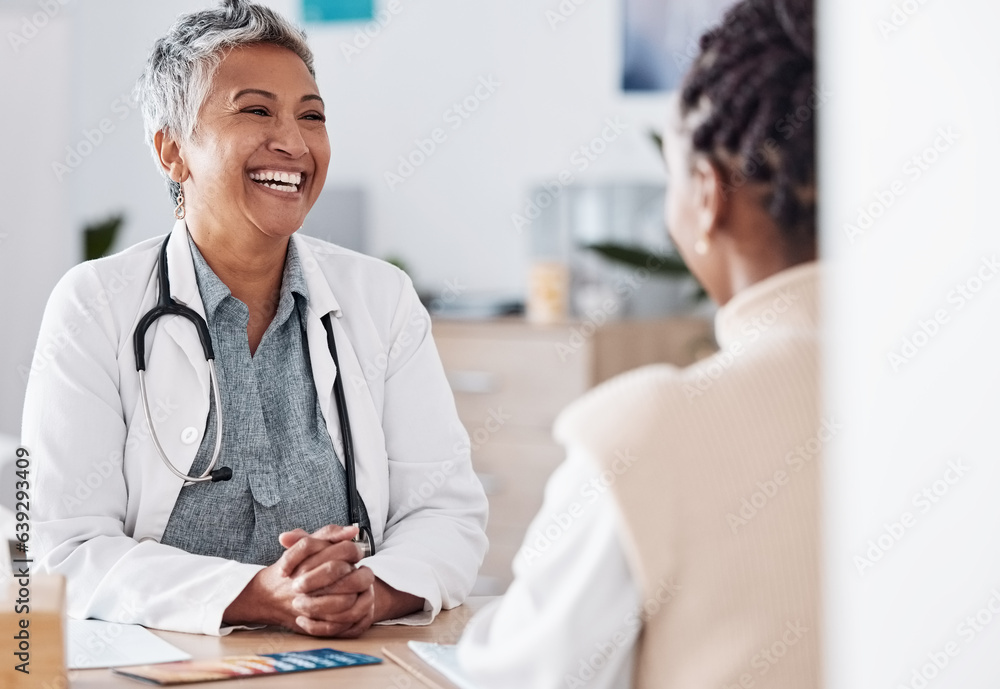 Happy woman, laughing or doctor consulting a patient in hospital for healthcare help, feedback or su