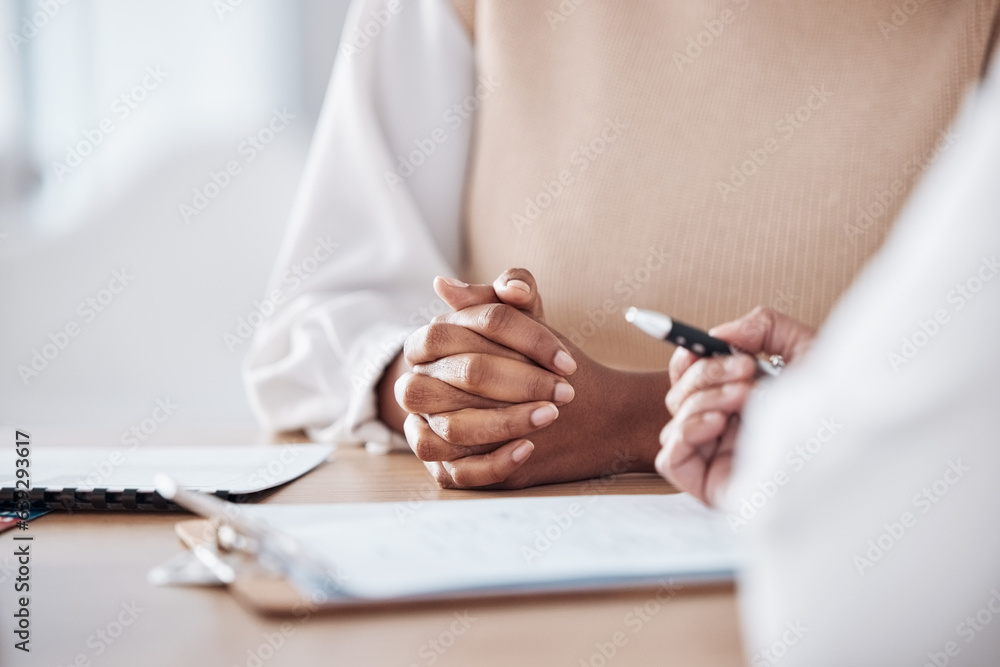 Hands, document or doctor consulting a patient in meeting in hospital writing history or healthcare 