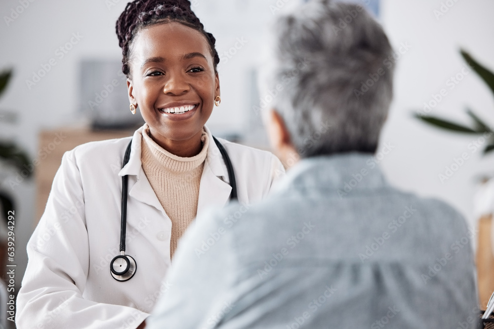 Happy, black woman or doctor consulting a patient in meeting in hospital for healthcare feedback or 