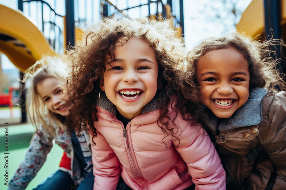 Kids having a fun time together. Group of diverse Kids playing together on a playground	 