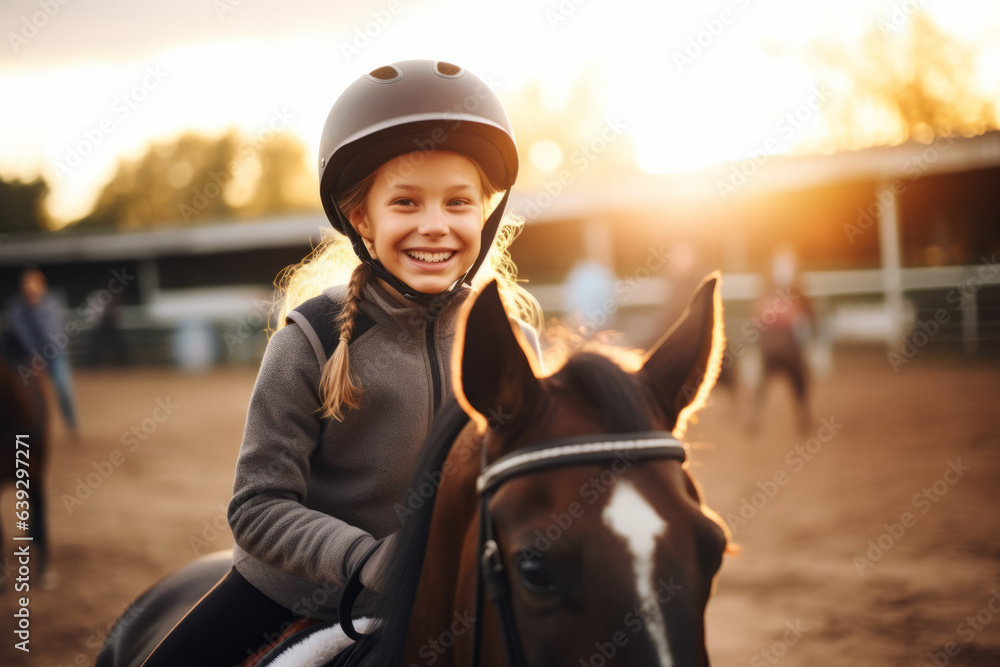 Happy girl kid at equitation lesson looking at camera while riding a horse, wearing horseriding helm