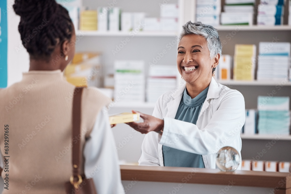 Pharmacist, medicine or happy woman giving package to patient in customer services help desk. Pharma