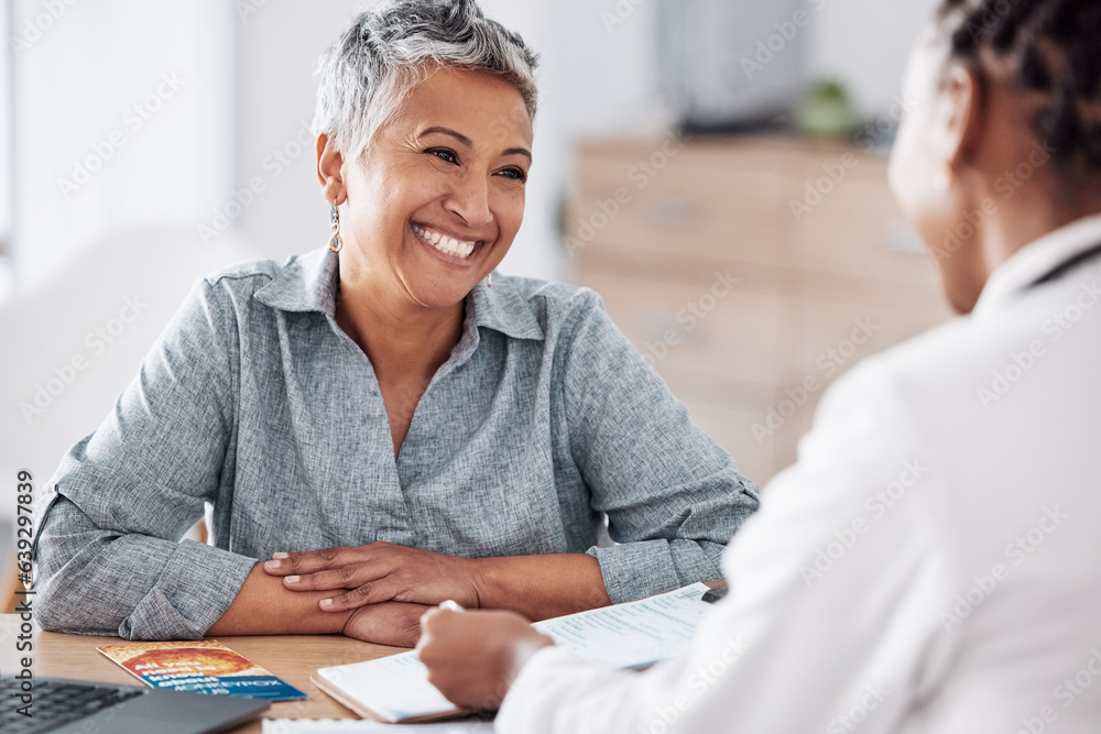 Paperwork, doctor or consulting a happy patient in meeting talking in hospital for history or health