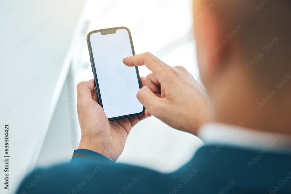 Business man, hands and phone mockup or screen for stock market, online scroll and Web 3.0 ui or ux 