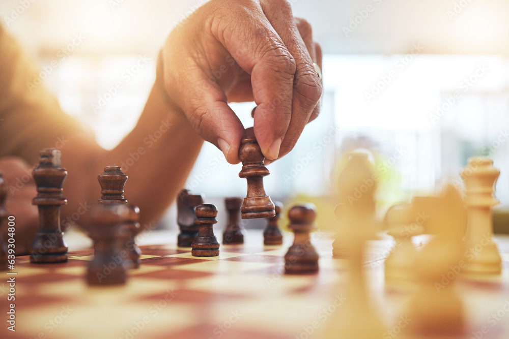 Person, chess and hands with pawn on board game for strategy, challenge and learning tabletop brain 