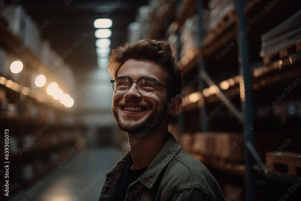 Happy young worker man factory manager working in warehouse while smiling - Generative AI