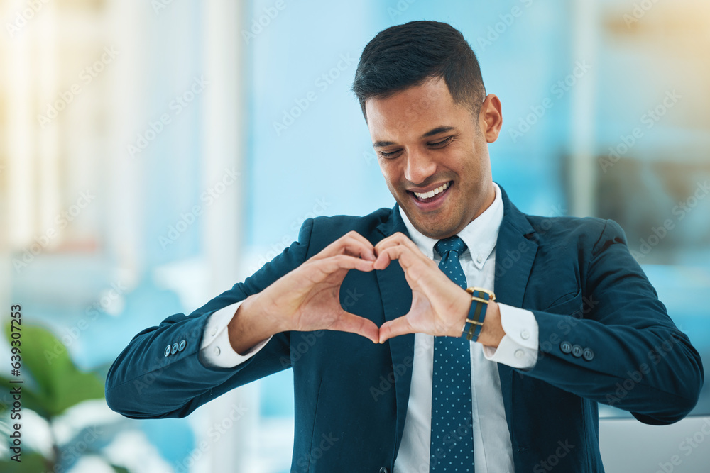 Hands, heart and happy business man with love, care and kindness of like emoji in office. Corporate 