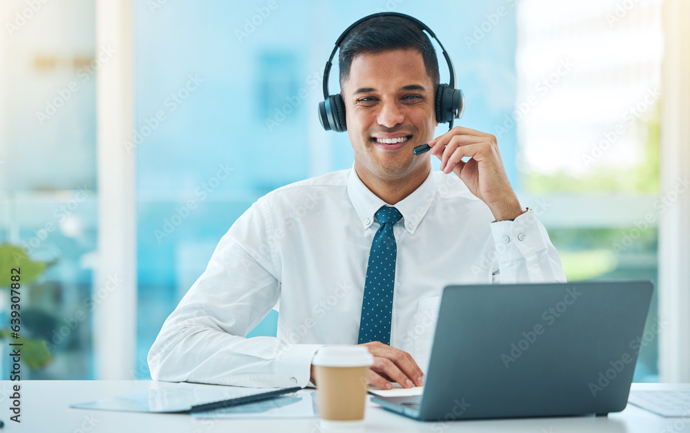 Call center, laptop and portrait of man in customer service, support or help desk office. Face, tele