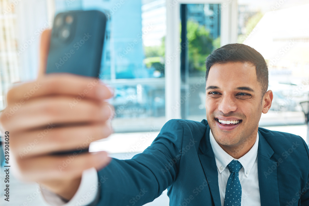 Happy man, selfie in office and smile on face, confident lawyer with profile picture for social medi