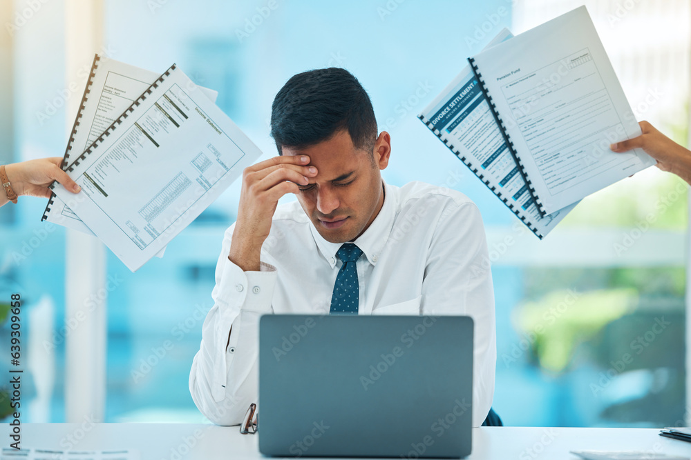 Stress, laptop and documents in hands with a businessman in his office overwhelmed by a deadline. Bu