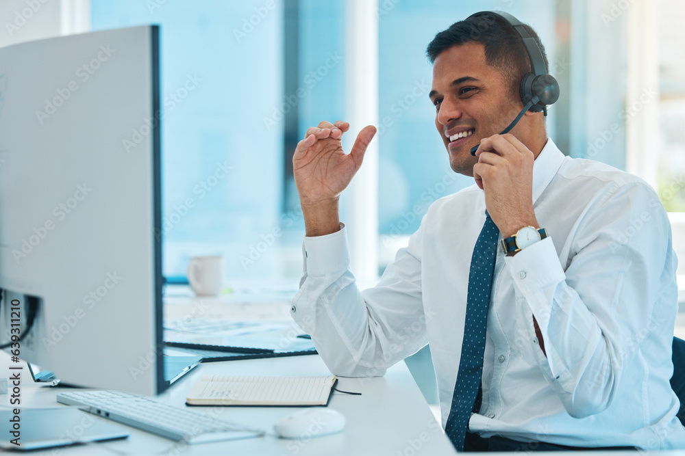 Computer, call center and man telemarketing, happy and help desk support in office. Smile, customer 