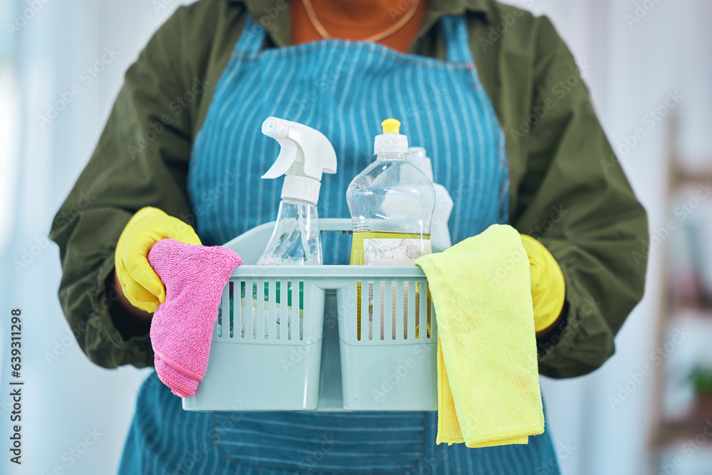 Cleaning, basket with chemical detergent and cloth, cleaner person with housekeeping or hospitality.