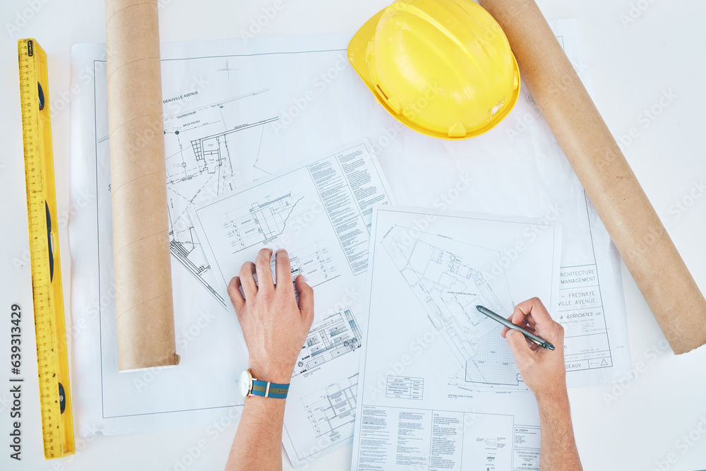 Hands, above and a blueprint on a table for architecture, construction design or planning. Creative,