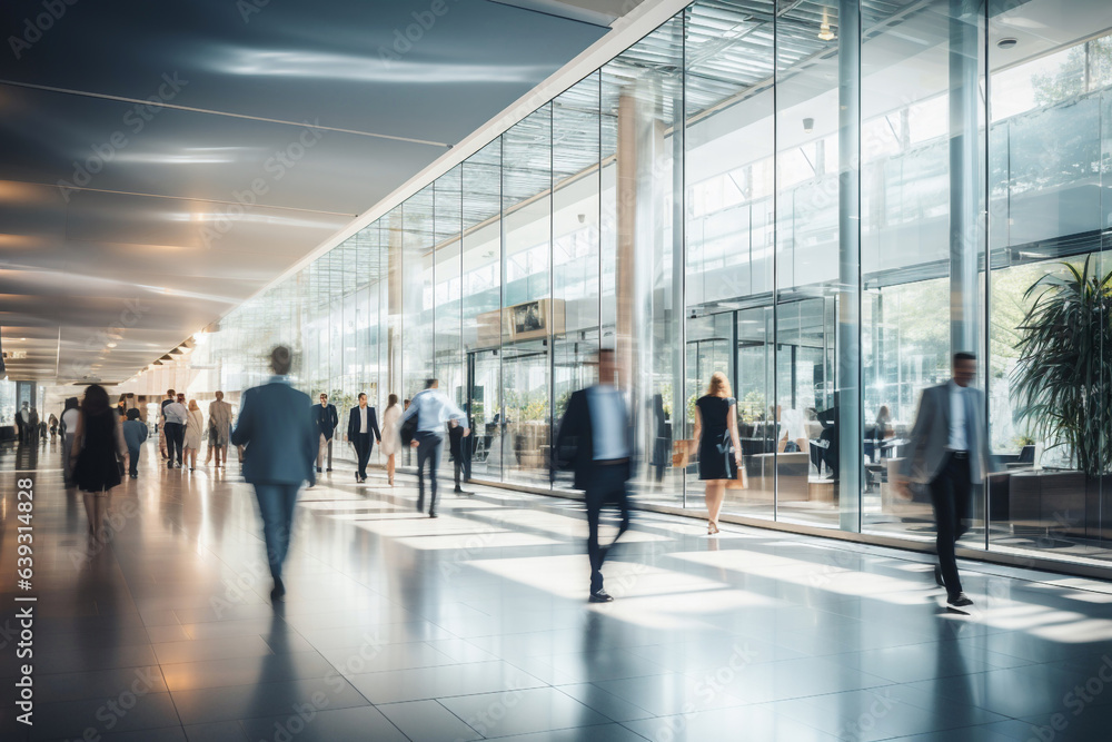 Crowd of blurred business people walking in a modern entrance - Generative AI