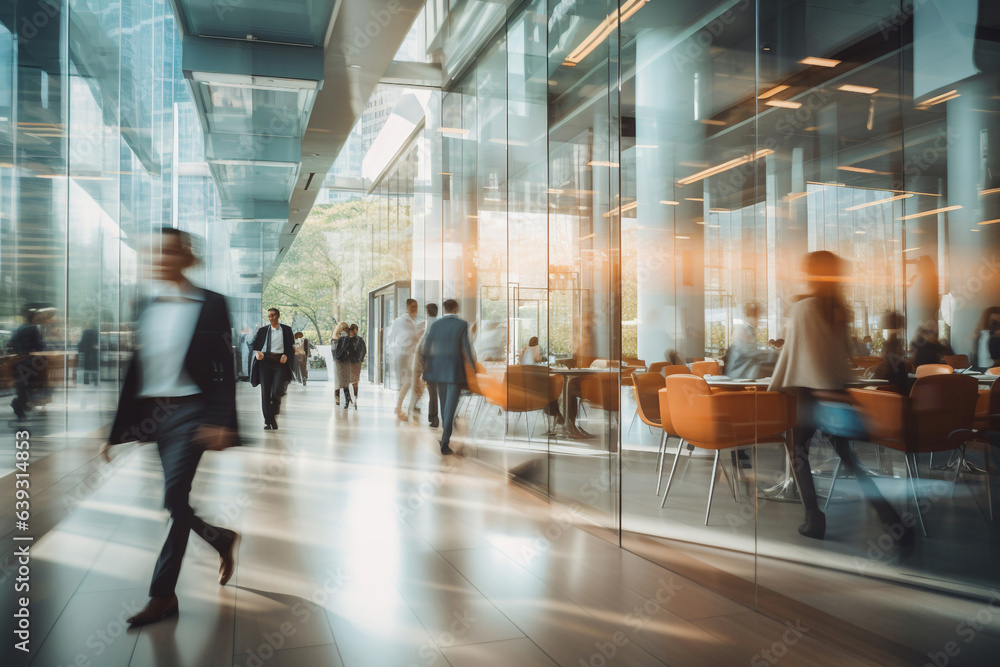 Crowd of blurred business people walking in a modern entrance - Generative AI