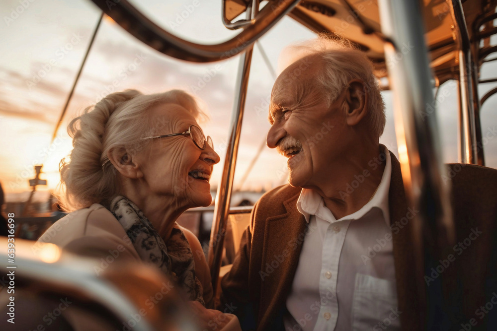 Senior couple enjoying a Ferris wheel looking and smiling each other at sunset - Generative AI