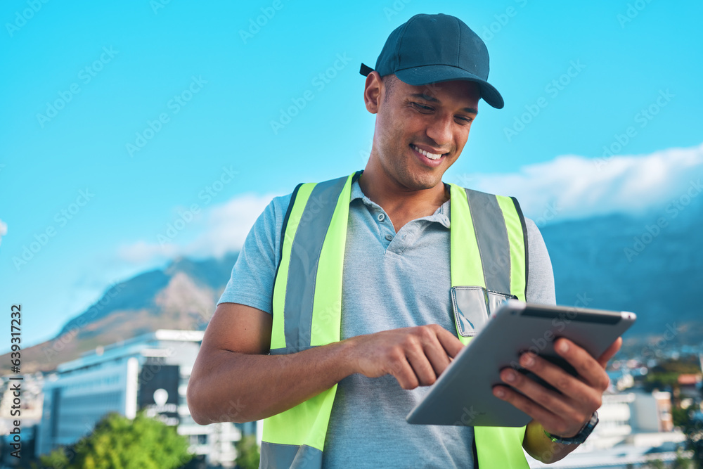 City, tablet and typing contractor, happy man and reading online floor plan, construction site revie