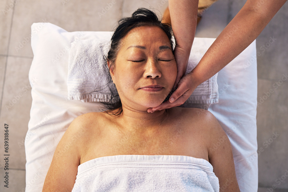 Facial, head massage and senior with woman in spa for wellness, treatment and hospitality. Peace, co