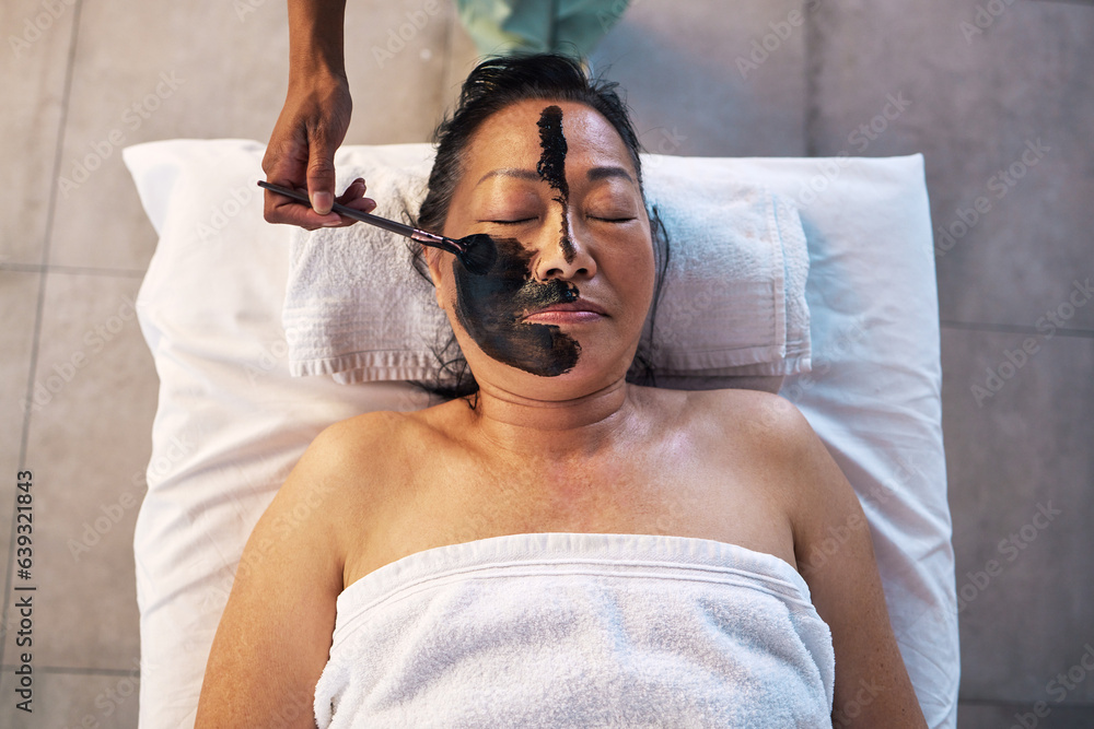 Relax, facial and senior woman in spa for wellness, beauty treatment and hospitality. Peace, cosmeti