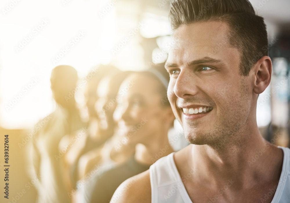 Happy, man and face in gym with group for fitness, training or friends together in club for exercise