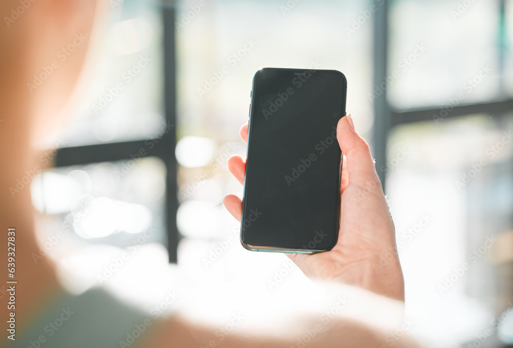 Woman, hand and phone mockup in advertising, social media or online communication at home. Closeup o