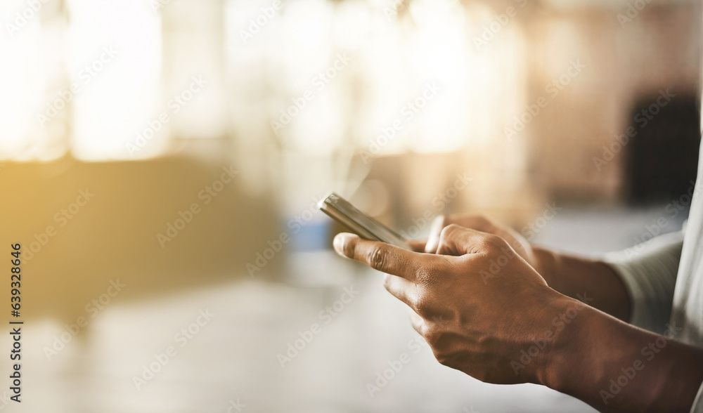 Phone, hands or man in gym on social media to relax on break after fitness training or workout break