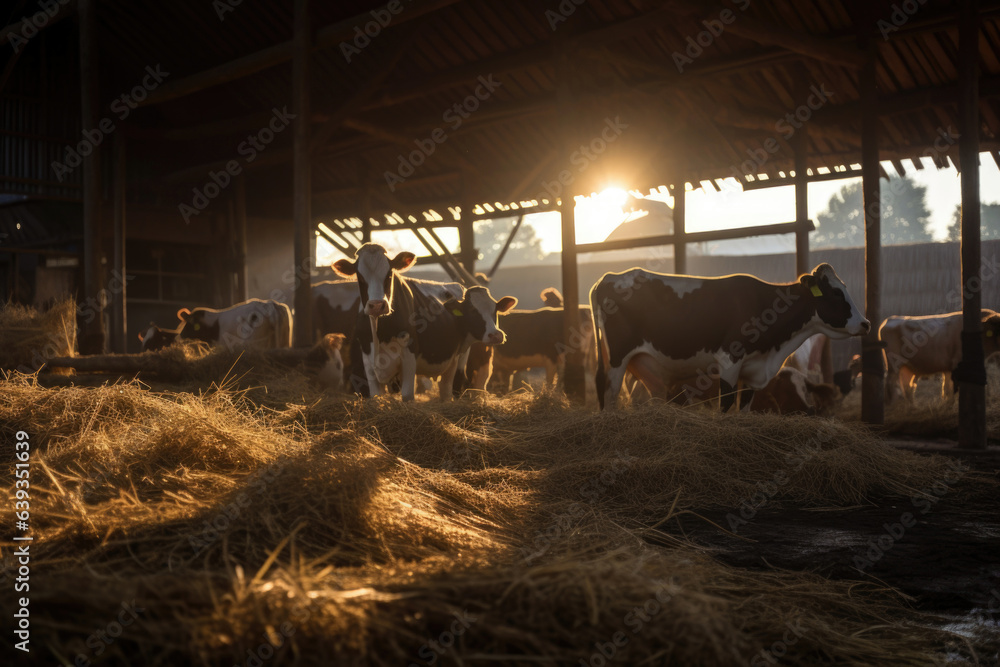 cowshed, several animals, cowshed illuminated by the morning sun, lots of clean hay, agriculture