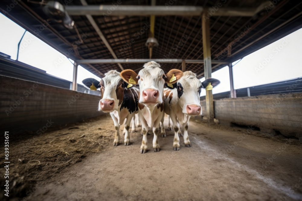 three cows looking into the camera, cows standing in clean cowsh