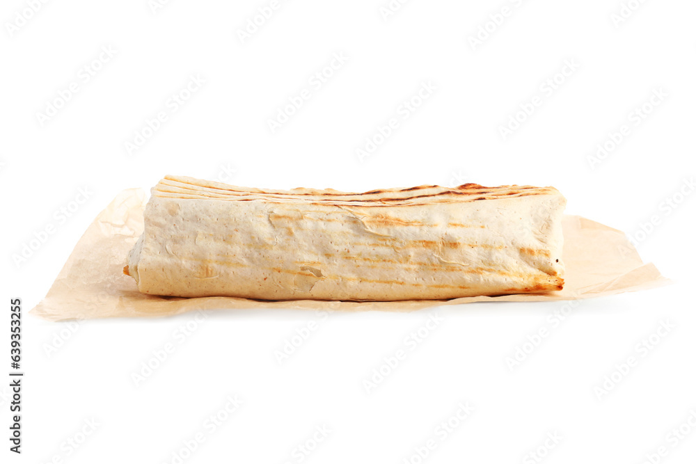 Baking paper with tasty shawarma on white background