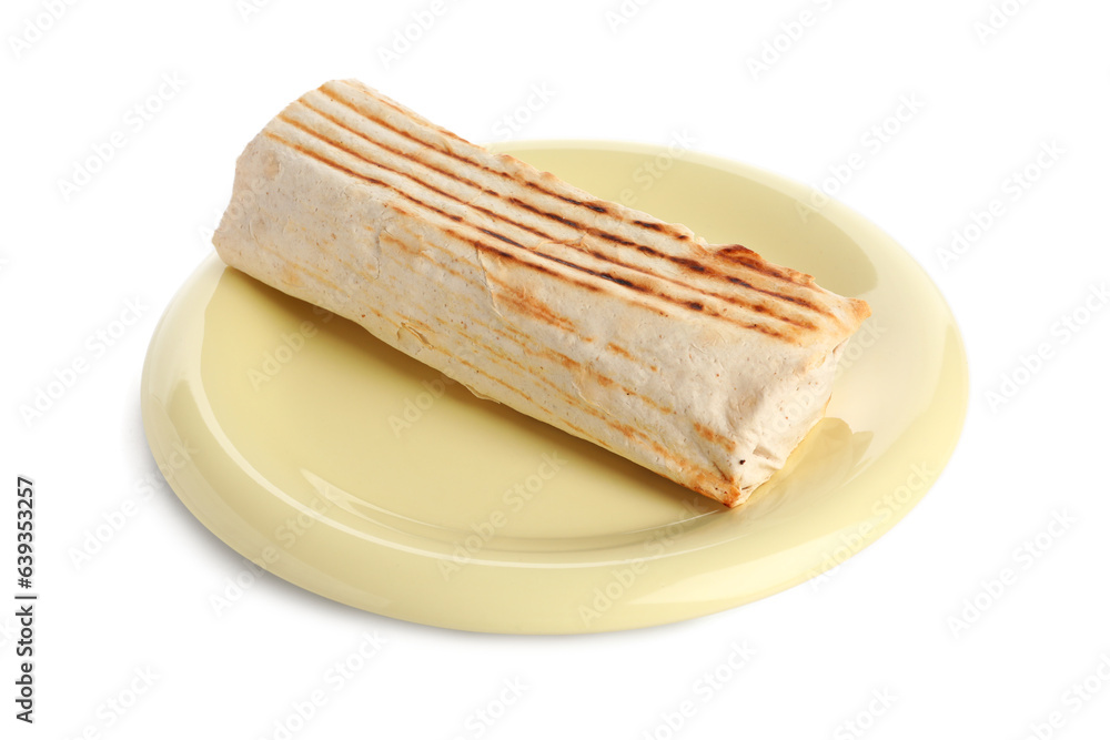 Plate with tasty shawarma on white background