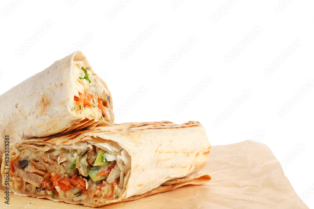 Baking paper with tasty shawarma on white background