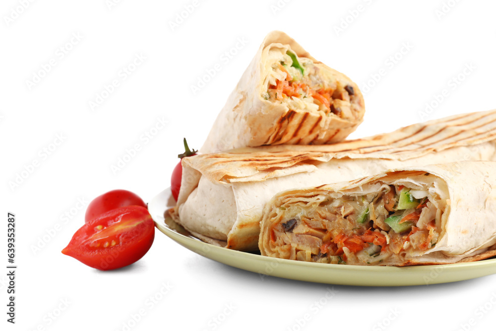 Plate with tasty shawarma and tomatoes on white background